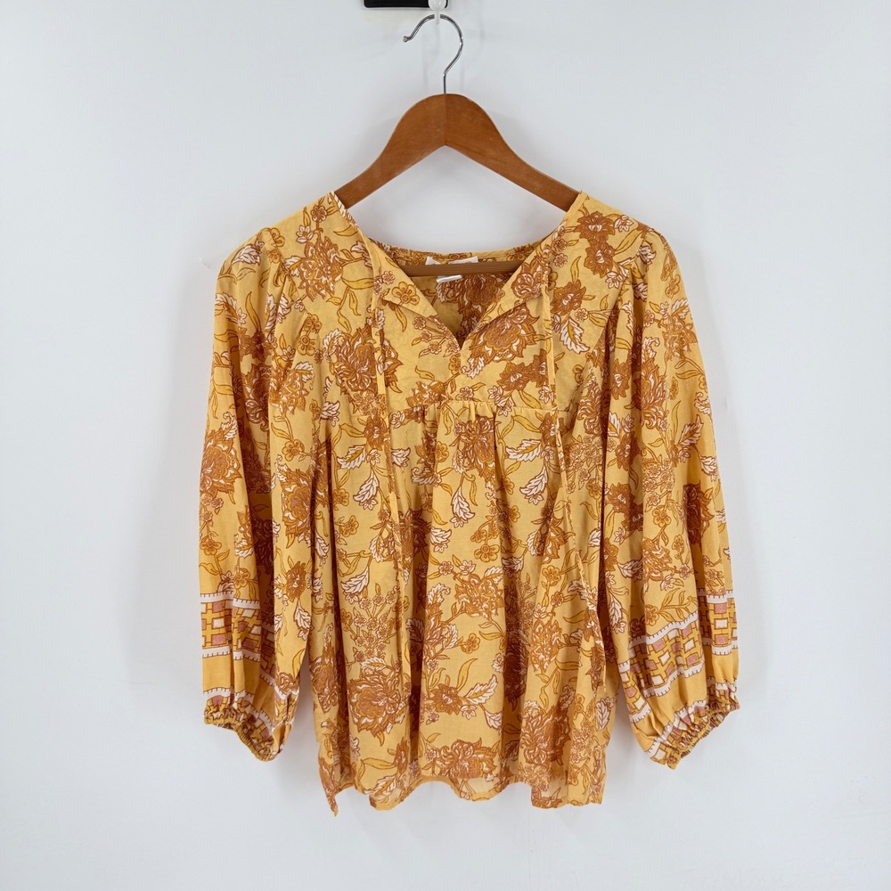 C&C California Floral Peasant Blouse Mustard Large Boho Balloon Sleeve Cotton